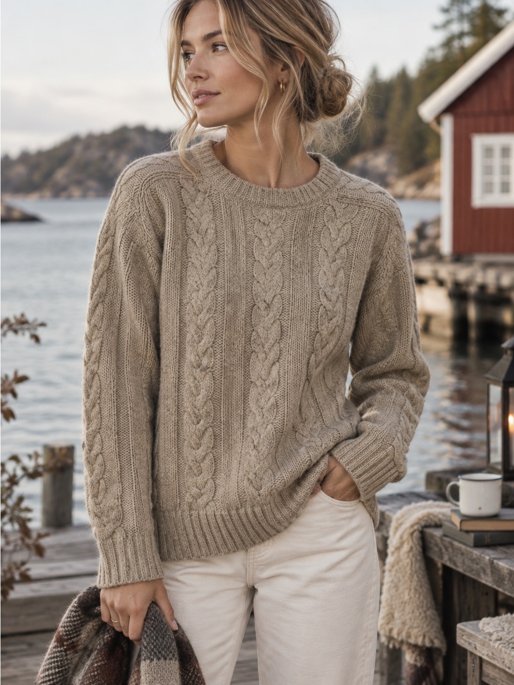 Vintage Scottish Shetland Wool Cable Knit Sweater Beige Medium Fisherman Cozy